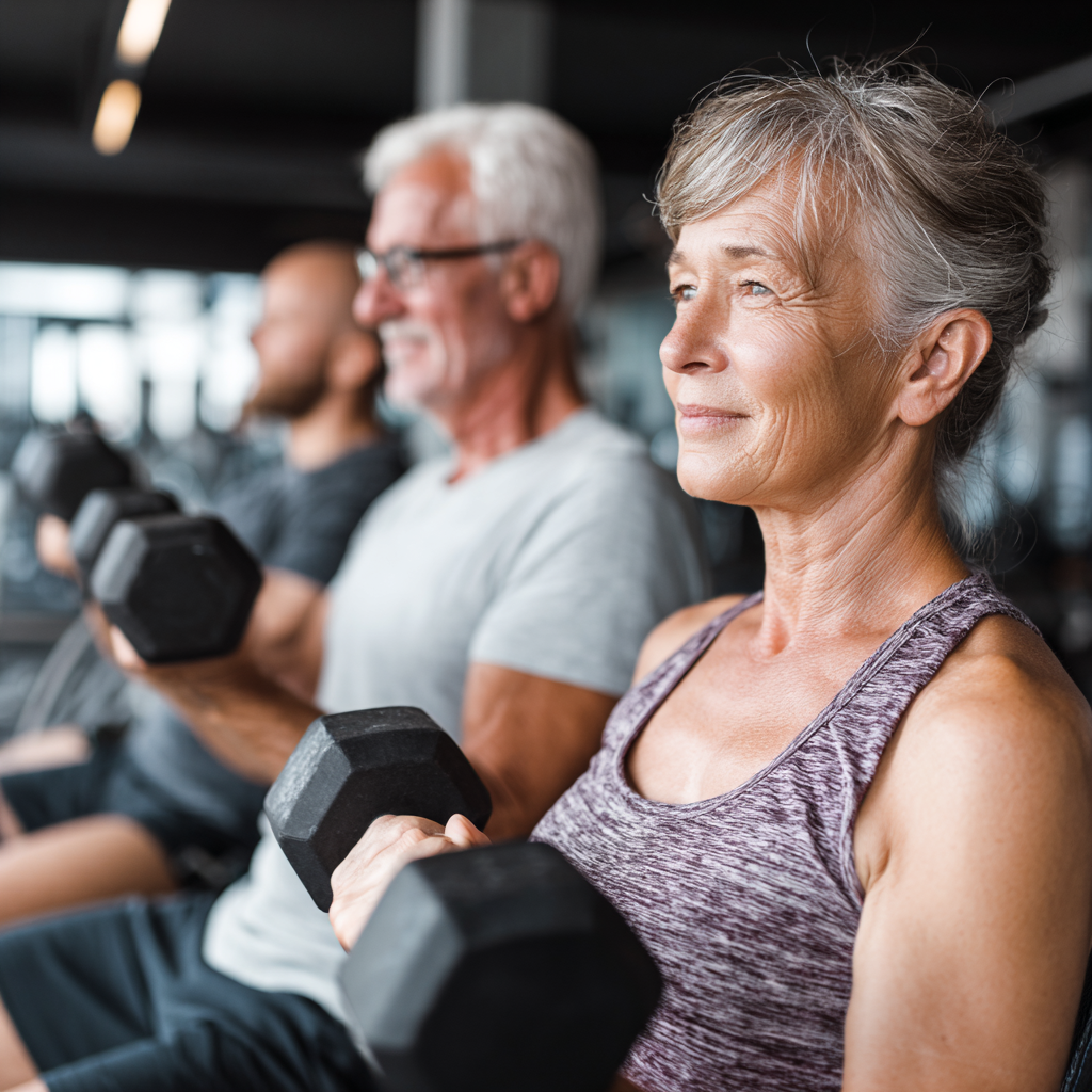 Mature adults participating in strength training exercises at modern fitness facility