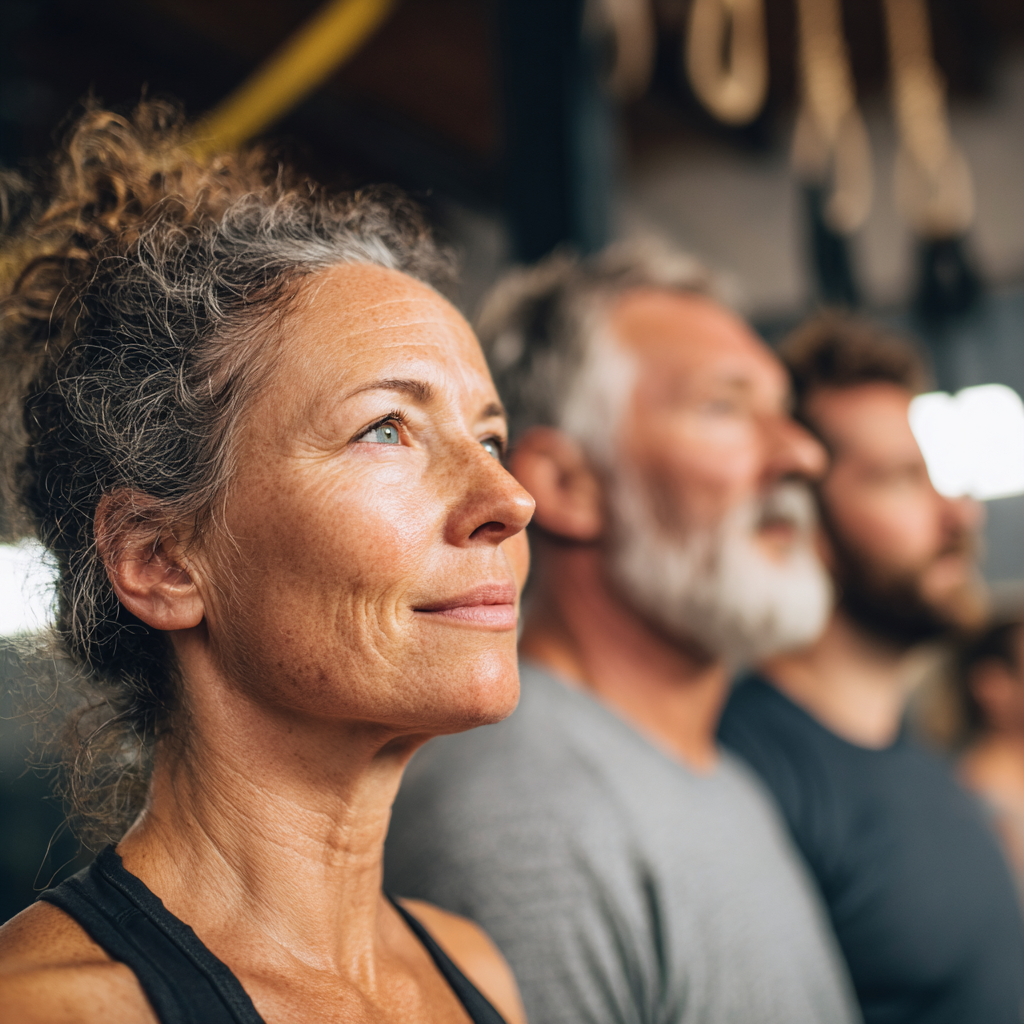 Middle-aged fitness enthusiasts working out together in supportive community environment